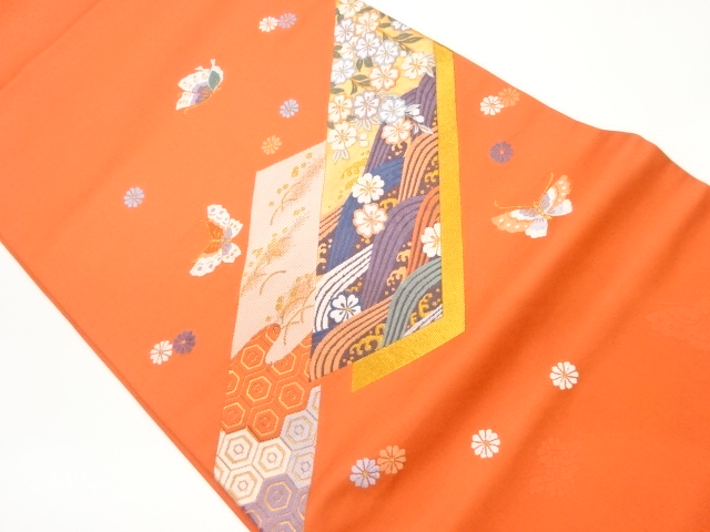 蝶に短冊・桜・荒波模様織出し名古屋帯（松葉仕立て）